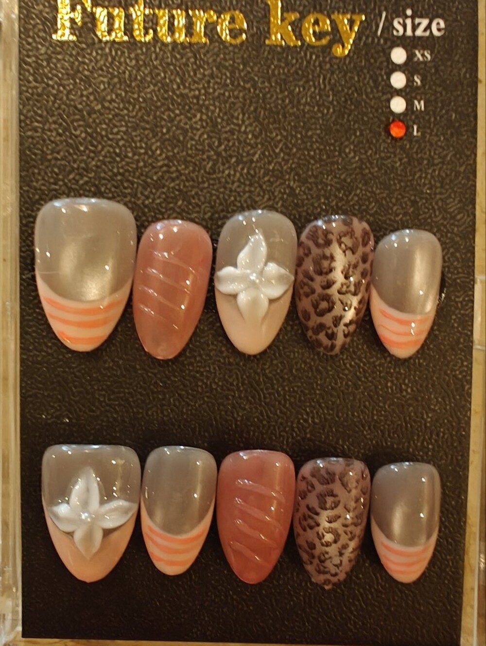 Peach & Gray Mixed Press-On Nail Set with Leopard and Floral Accents